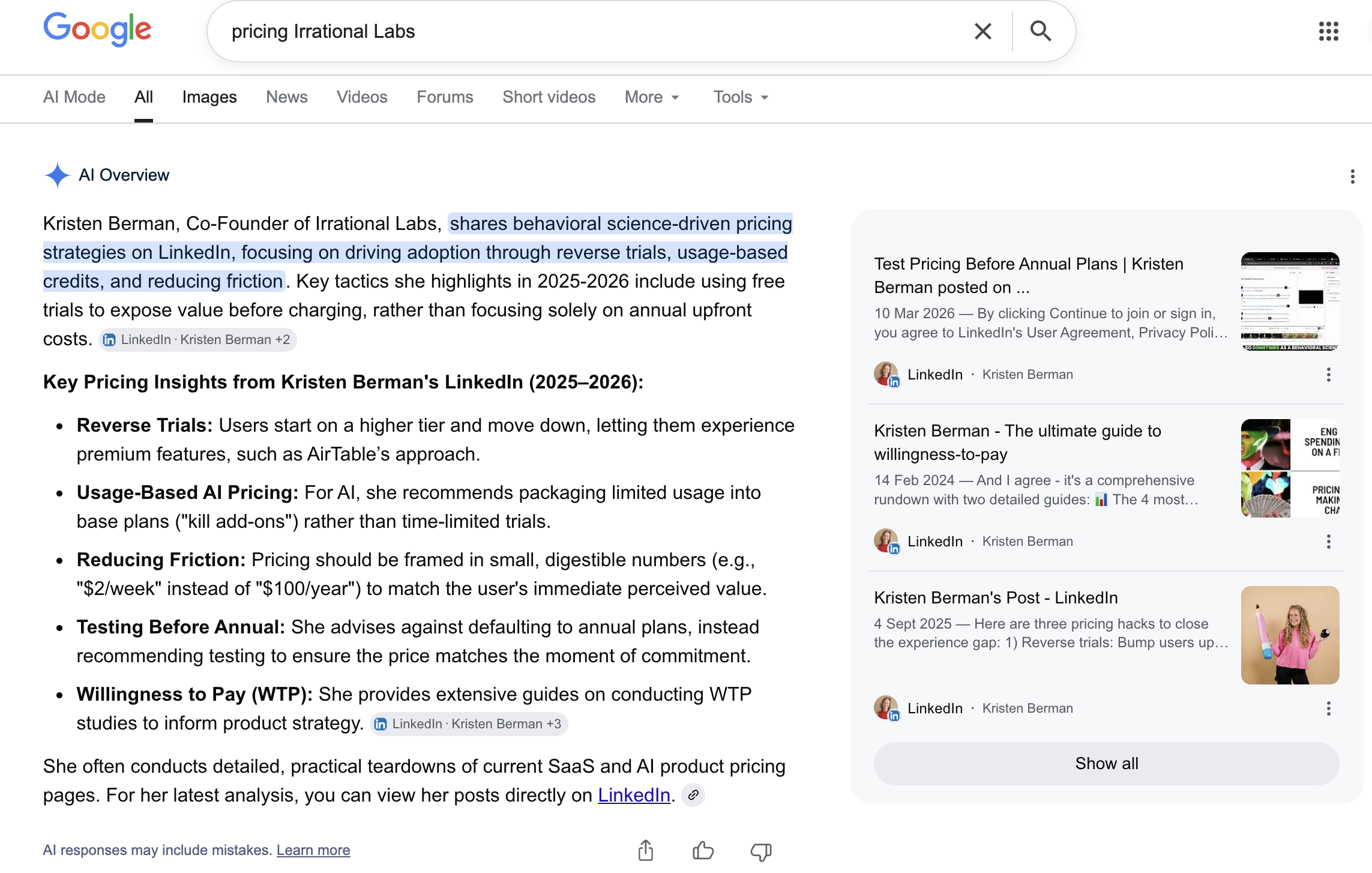 Google AI Overview citing Kristen Berman on pricing